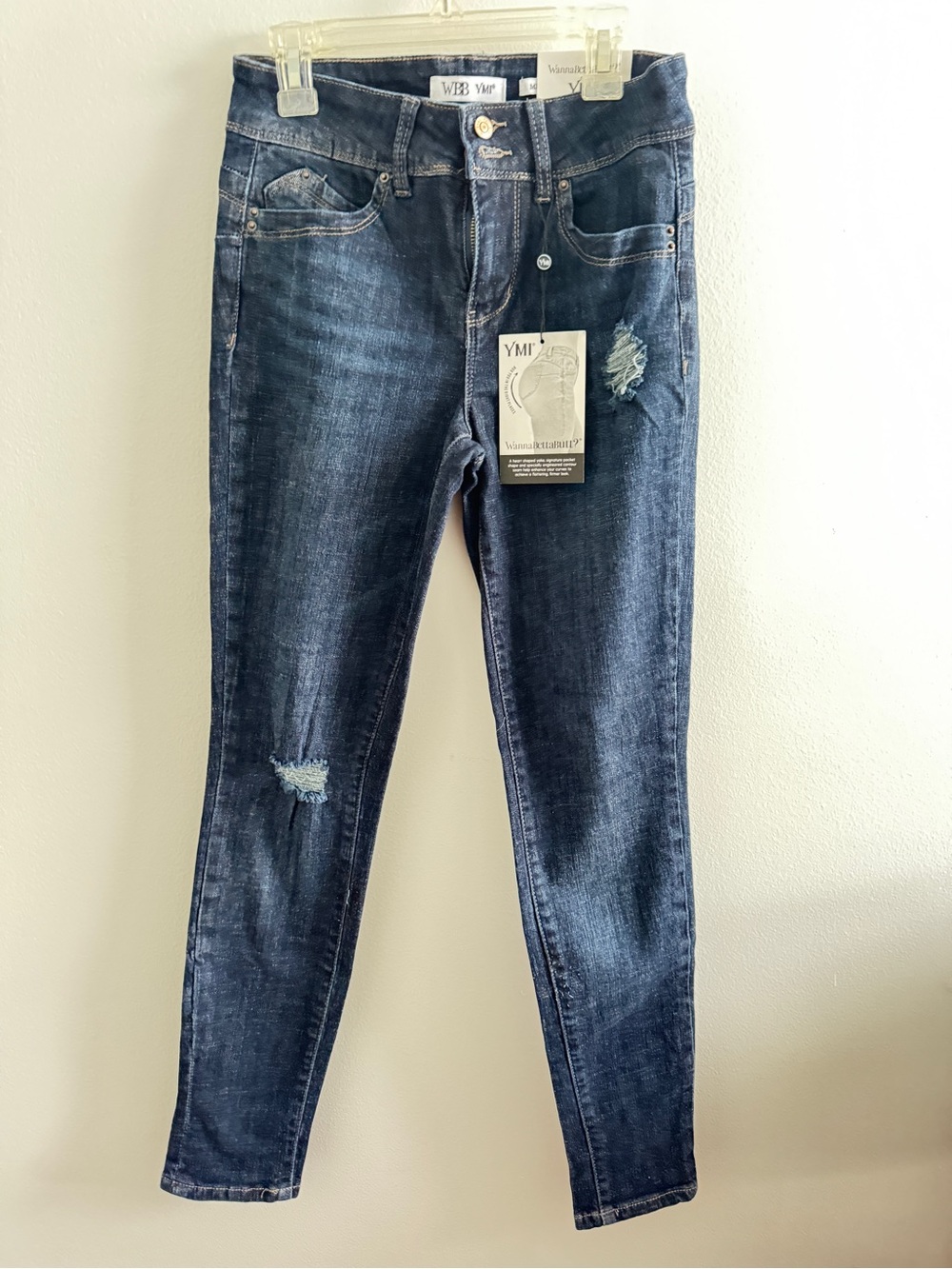 YMI Women's Dark Wash WannaBetterButt Distressed Jeans MidRise Ankle